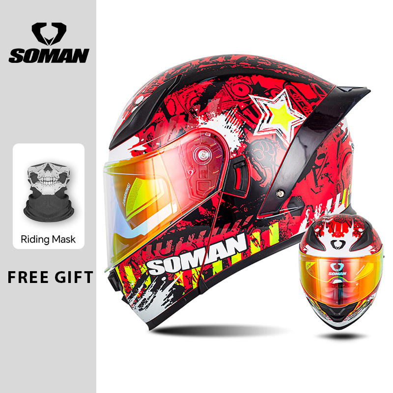 Dual Visor Motorcycle Racing Helmet - Helm Modular SOMAN Flip Full Face